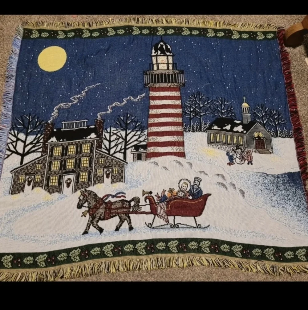 Holiday Tapestry Blanket with Lighthouse Design